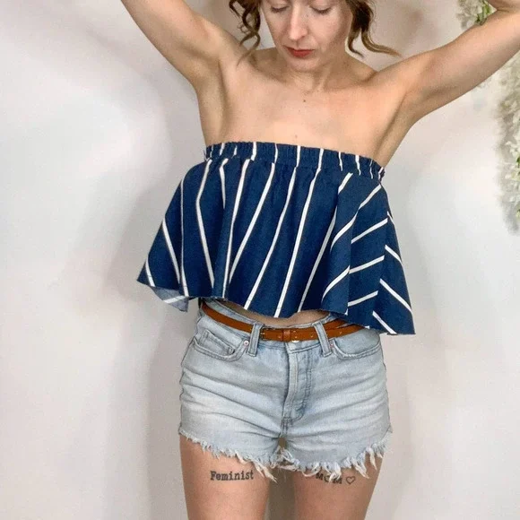 NWT FAITHFULL Suns Out Top linen strapless frayed cropped navy white striped - Picture 15 of 15